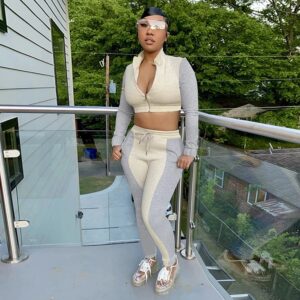 Casual Long Sleeve Crop Top Sweat Pants Two Piece Tracksuit - Image 3