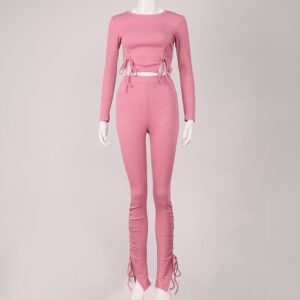 Casual Ruched Bodycon Trousers Two Piece Pants Set - Image 17