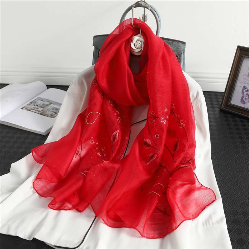 High Quality Embroidery Floral Silk Scarf