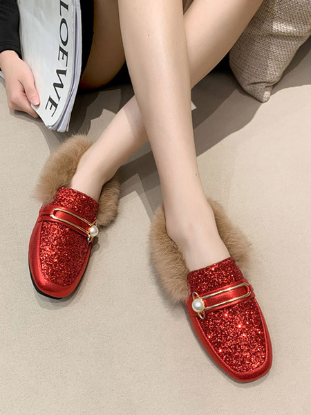 Loafers PU Leather Round Toe Pearls Flat Heel Shoes