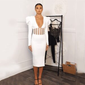 Sexy Puff Sleeve Cut Out Side Split Mesh Party Long Dresses - Image 5