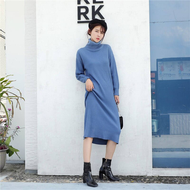 Thicken Warm Long Sleeve Solid Turtleneck Knitted Loose Sweater Dresses