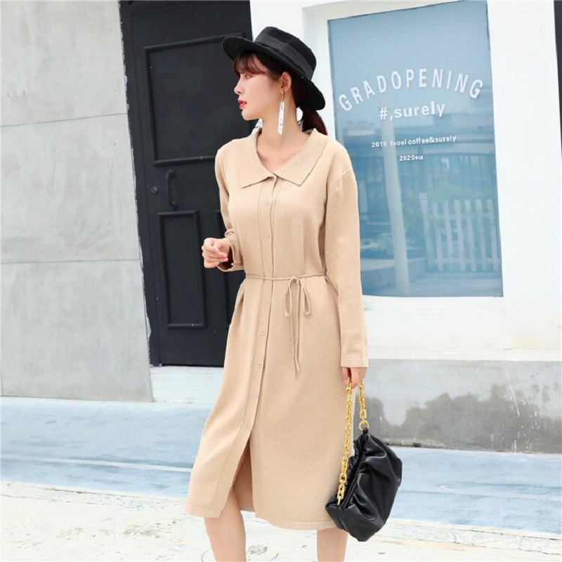 Turn-down Collar Lace up Long Sleeve Fashion Loose Sweater Dresses