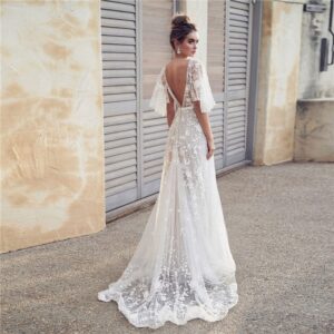 Fashion Lace Deep V Backless Evening Dress - Image 2
