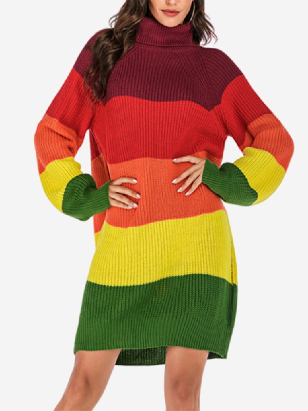 Patchwork High Neck Knit Long-sleeved Casual Sweater
