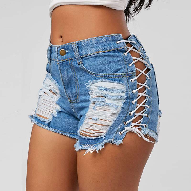 Sexy Hollow Lace-up Ripped Denim Shorts