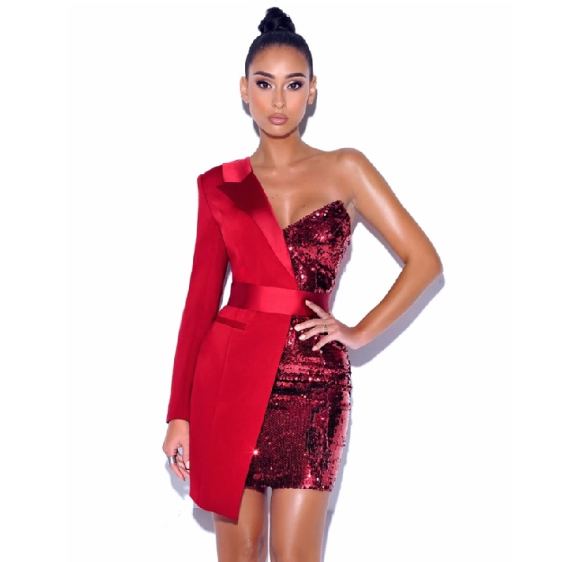 Sexy One Shoulder Long Sleeve Mini Body con Sequins Dress