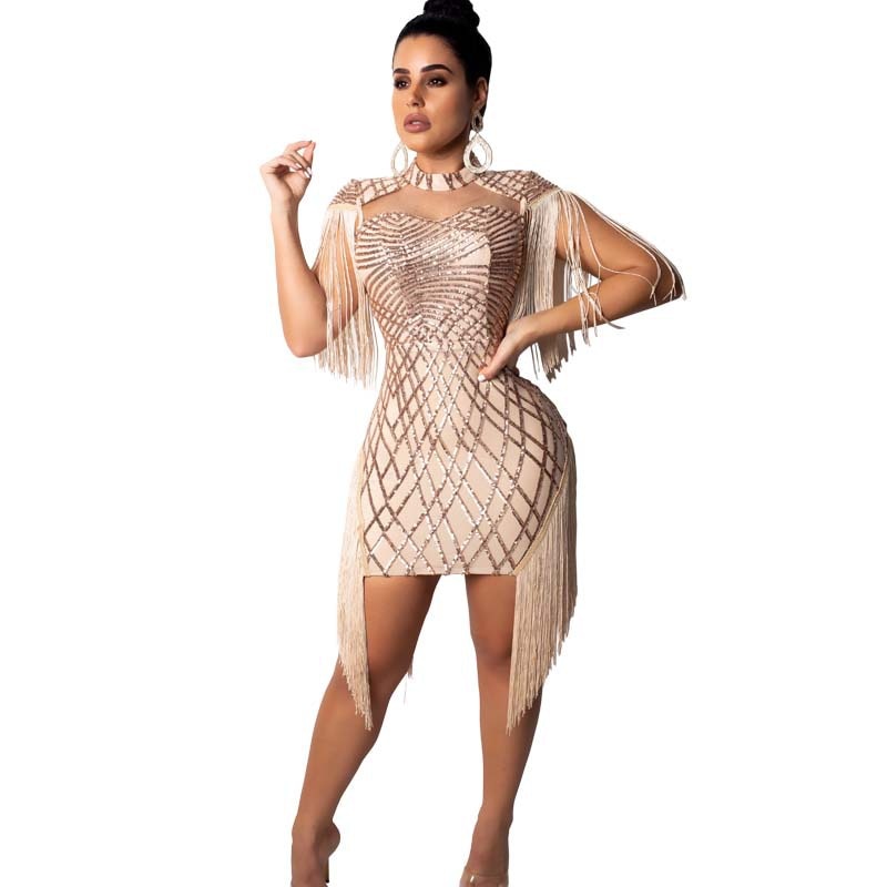 Sexy Sheer Sequins Evening Party Bodycon Mini Dress