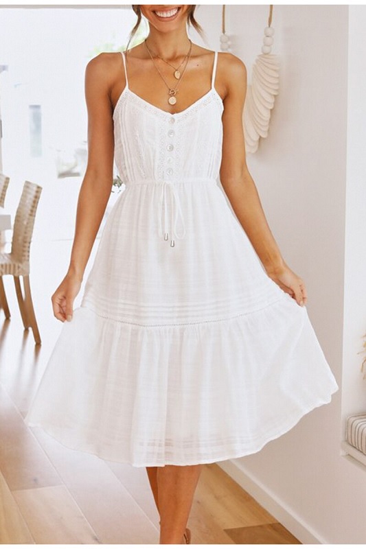 Cotton V-neck ruffled A-line Elegant lace-up button dress