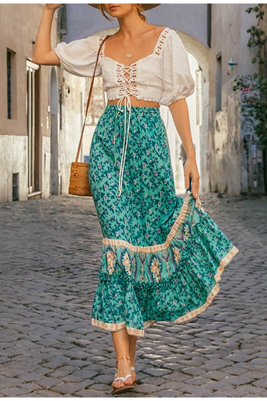 Floral print Roman style sash bottoms A-line long skirt