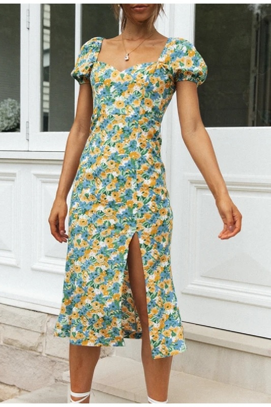 Floral print slit Slim lantern sleeve A-line midi dress