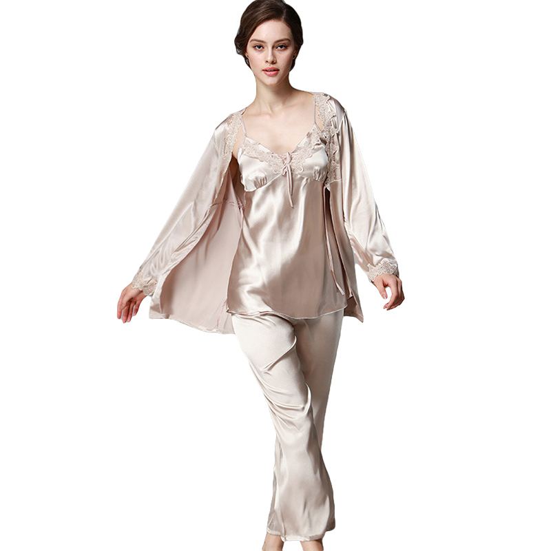 3pcs/set Elegant Solid Color Silk Pajamas