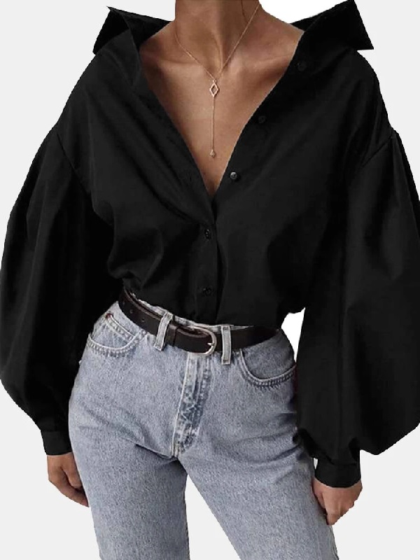 Chic Lantern Sleeve Solid Color Casual Blouse Shirts