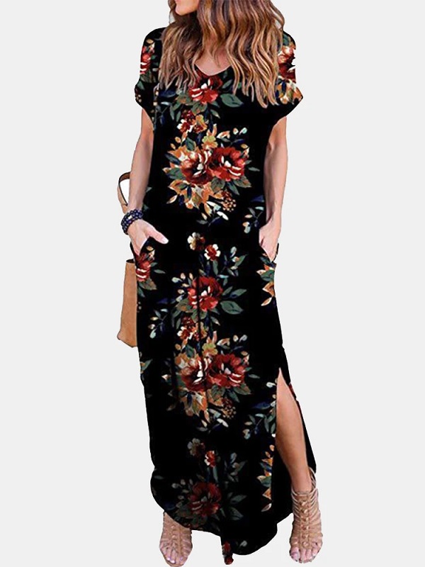 Floral Print Short Sleeve O-Neck Side Pockets Dress
