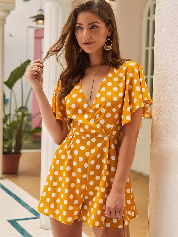 Polka Dots Print Color Block Short Sleeve Mini Dress