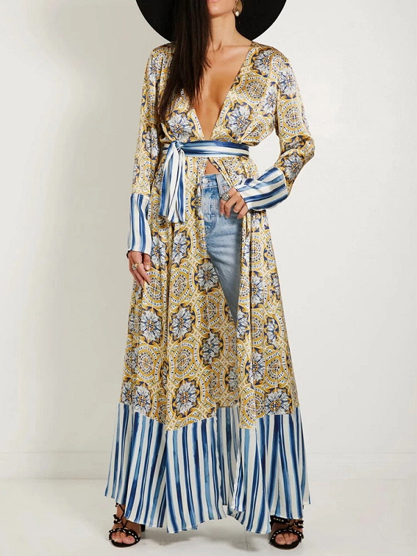 Retro Print V-neck Bohemian Holiday Long Sleeve Floral Long Maxi Dress