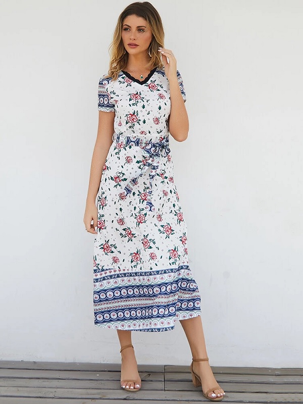 Short Sleeve V-neck Floral Print Maxi Dress