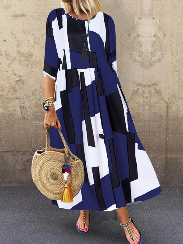 Sleeve O-neck Geometric Print Loose Maxi Dress