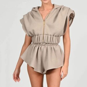 Casual Hoodied Sleeveless Crop Top Shorts Vintage Two Piece Set