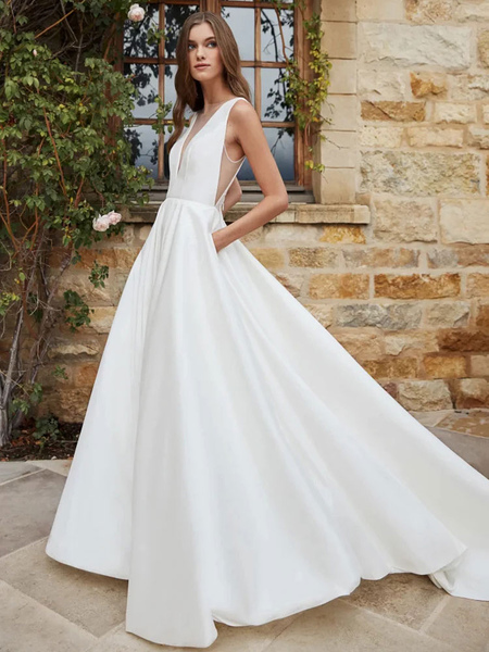 Simple Wedding Dress A-Line With Train V-Neck Sleeveless Pockets Satin Fabric Bridal Gowns