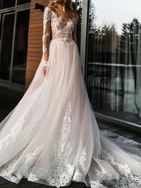 Wedding dresses a line v neck long sleeve lace applique tulle bridal gowns with chapel train