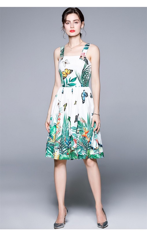 Backless Party Dress Beach Sleeveless Tank Buttons Floral Printed Midi Vestidos