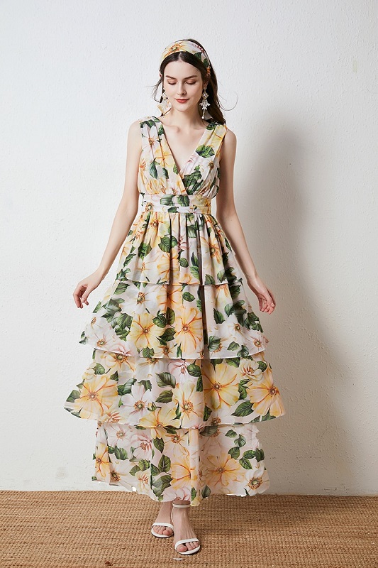 Camellia Floral Print Sleeveless V-Neck Long Cake Dress