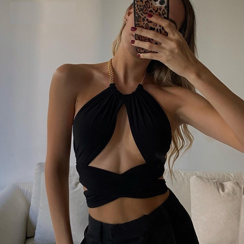 Chain Halter Neck Hollow Out Sexy Crop Tops