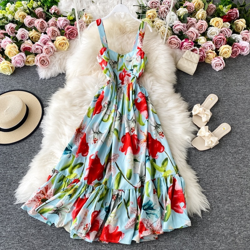 Fashion Runway Floral Print Vacation Dress Sleeveless Tank Boho Beach Elegant Party Pleated vestido longo