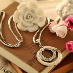 Long Chain Necklace Crystal Rhinestone and Silver Plated Pendant - Image 5