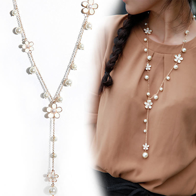 Long Chain Pendant Necklace Pearl Flower