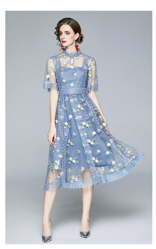 Tulle Mesh Lace Dress Flare Short Sleeve Embroidery Flower Midi Vestido