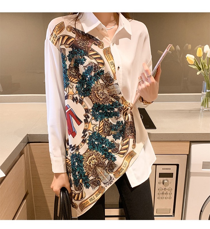 Stylish Shirt Collar Loose-Fitting Lace Splicing Long Sleeve Blouse For  Women