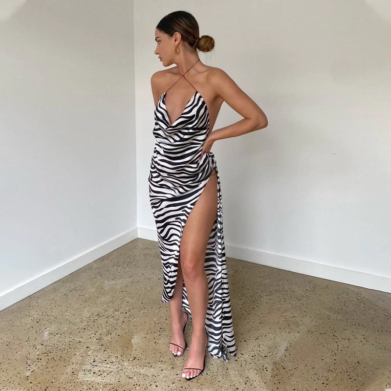 Zebra Printed Sexy High Split Backless Midi Dress
