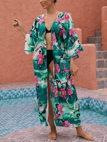 Floral Print Open Front Sun Protection Long Sleeve Cover Up