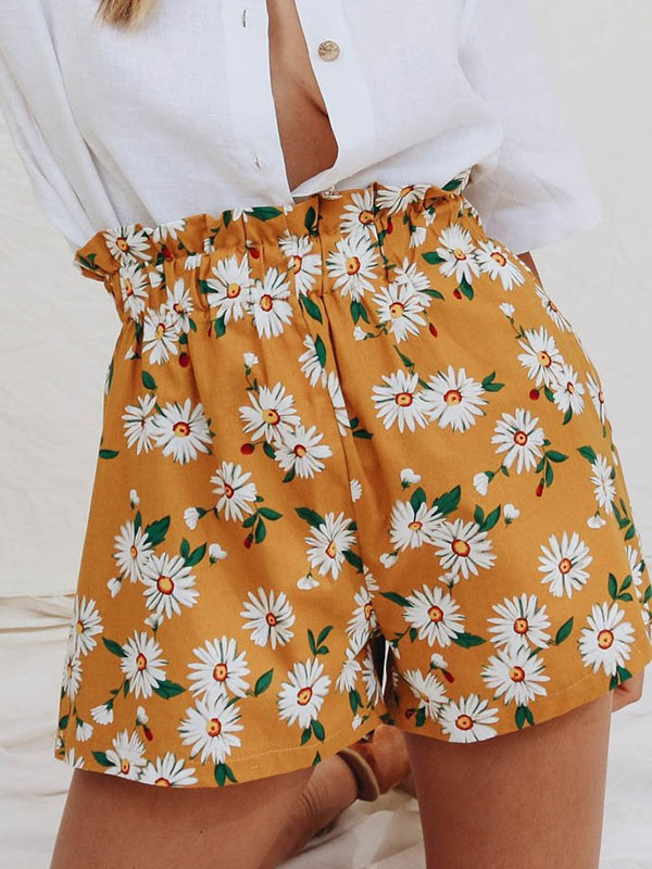 Floral Printed Pattern Ruffles Polyester Casual Shorts
