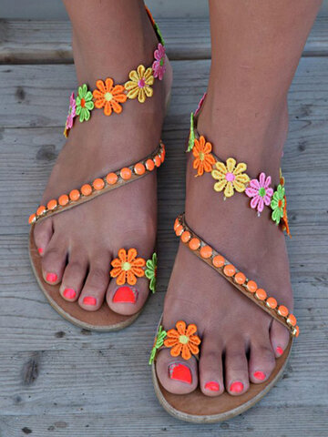 Flowers Wrap Around Ankle Comfortable Clip Toe Flat Sandals