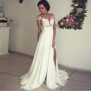 A-Line Side Split Appliques Lace Chiffon Boho Wedding Bridal Gown