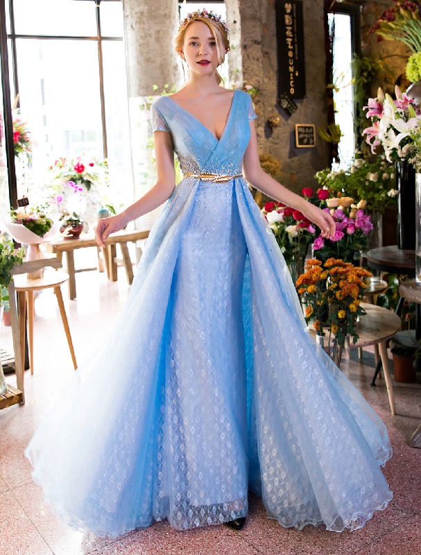 Luxury V Neck Rhinestones Beading Cap Sleeve Pleated Lace Long Prom Dresses
