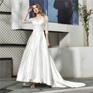 Off Shoulder Applique Lace Corset Court Train Bridal Gown - Image 2