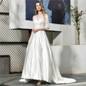 Off Shoulder Applique Lace Corset Court Train Bridal Gown - Image 3