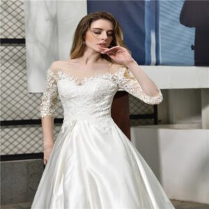 Off Shoulder Applique Lace Corset Court Train Bridal Gown - Image 4