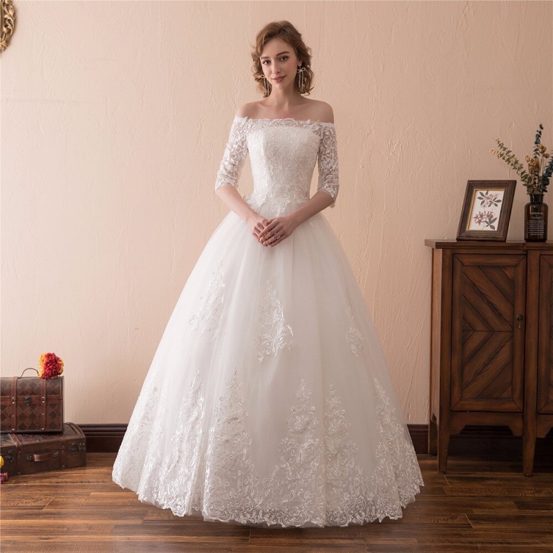 Off Shoulder Half Sleeves Lace Bridal Gowns