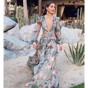 Sexy Floral Print Off Shoulder Belt Cover Up - Image 10