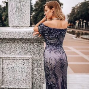 Sexy Off The Shoulder See-Through In Waist Reflective Long Dress - Image 2