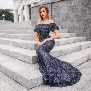 Sexy Off The Shoulder See-Through In Waist Reflective Long Dress - Image 3