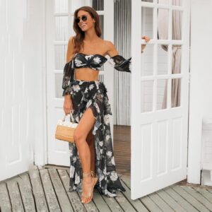 Sexy Vintage Long Sleeve Print Bikini With Skirt Long Cover Up