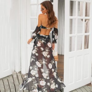 Sexy Vintage Long Sleeve Print Bikini With Skirt Long Cover Up - Image 5