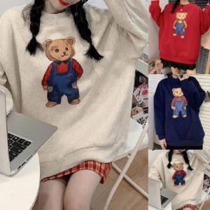 Cartoon Bear Print Cotton O Neck Sweatshirts