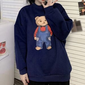 Cartoon Bear Print Cotton O Neck Sweatshirts - Image 11